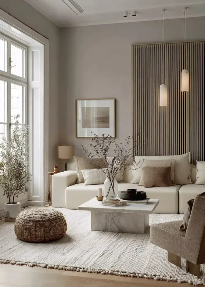 Modern living room with a wood-paneled TV wall and floating console