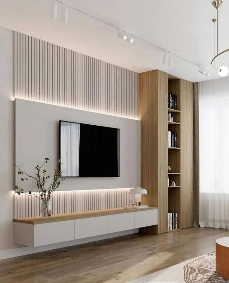 Cozy neutral living room with a wood slat feature wall and pendant lights